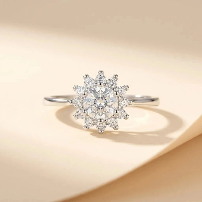 Sunshine sunburst halo ring with a round center stone in S925 sterling silver by Maadin Artistry