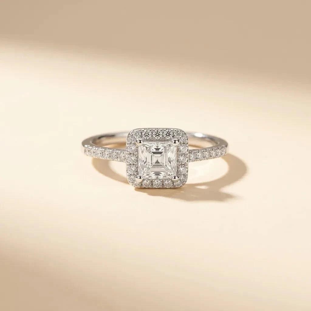 Asscher Cut halo ring with pavé band in S925 sterling silver by Maadin Artistry