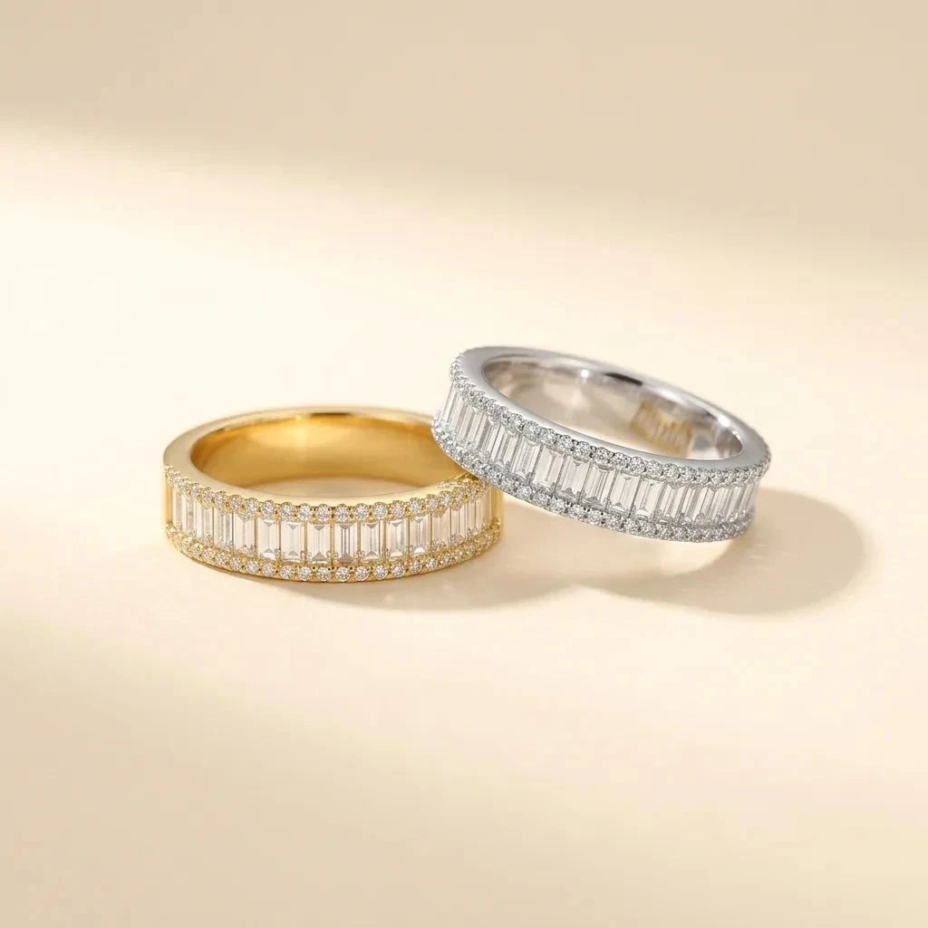Baguette Slayer pair of gold and silver baguette-stone band rings, S925 sterling silver by Maadin Artistry