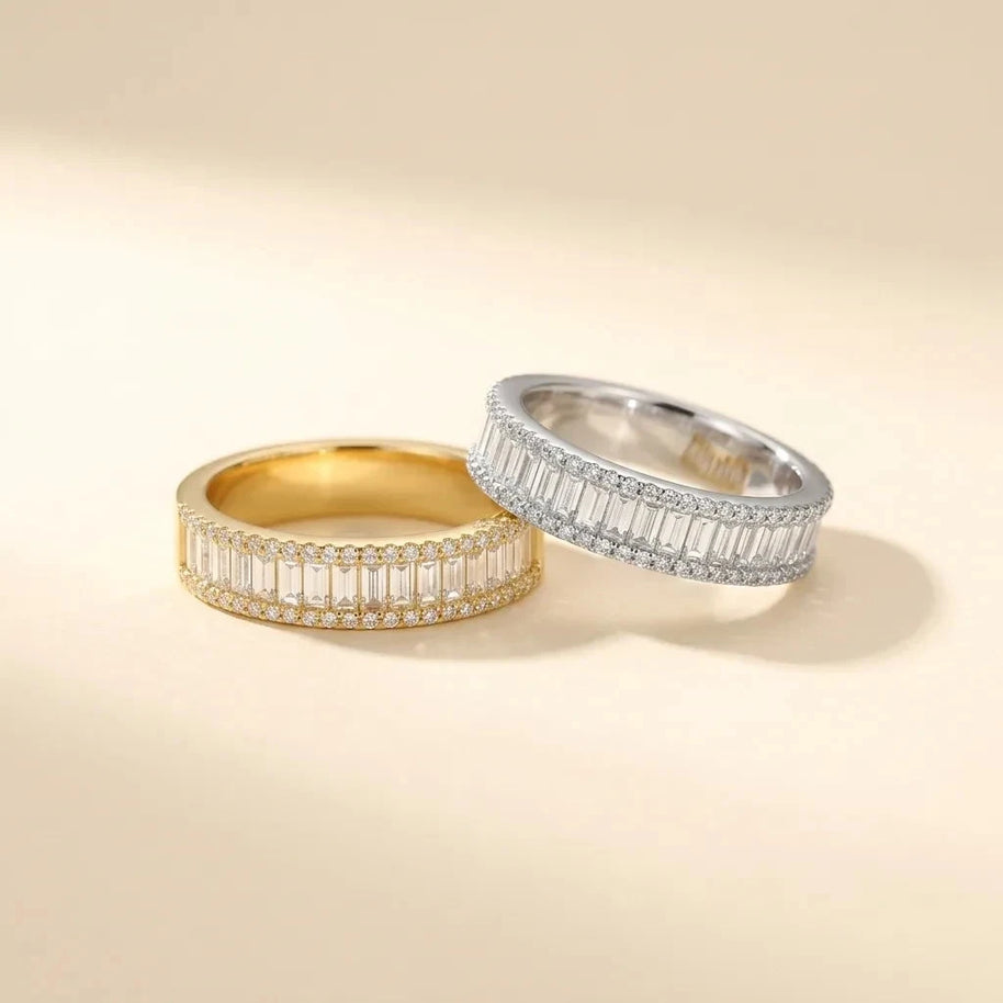 Baguette Slayer pair of gold and silver baguette-stone band rings, S925 sterling silver by Maadin Artistry