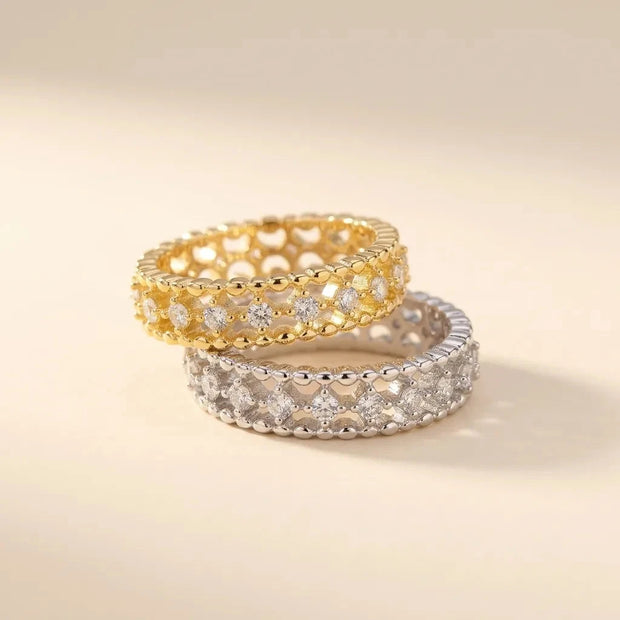 Bejeweled gold and silver openwork stone-set band rings, S925 sterling silver by Maadin Artistry