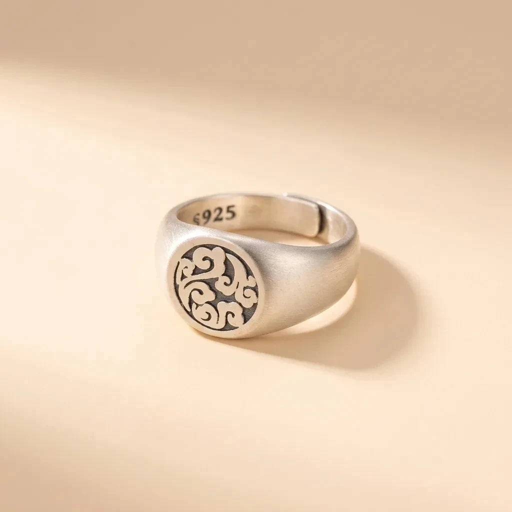 Hefty Signet chunky oval brushed S925 sterling silver signet ring with engraved scroll motif by Maadin Artistry