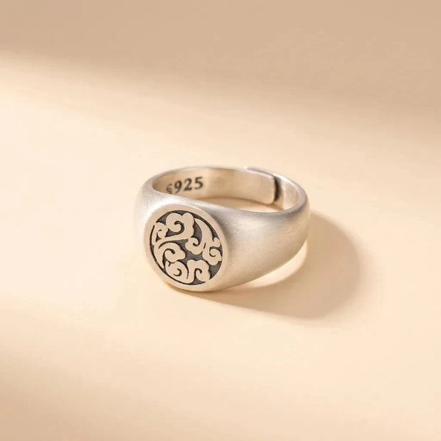 Hefty Signet chunky oval brushed S925 sterling silver signet ring with engraved scroll motif by Maadin Artistry