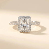Oblong emerald-cut halo ring with pavé diamond-style band in S925 sterling silver by Maadin Artistry