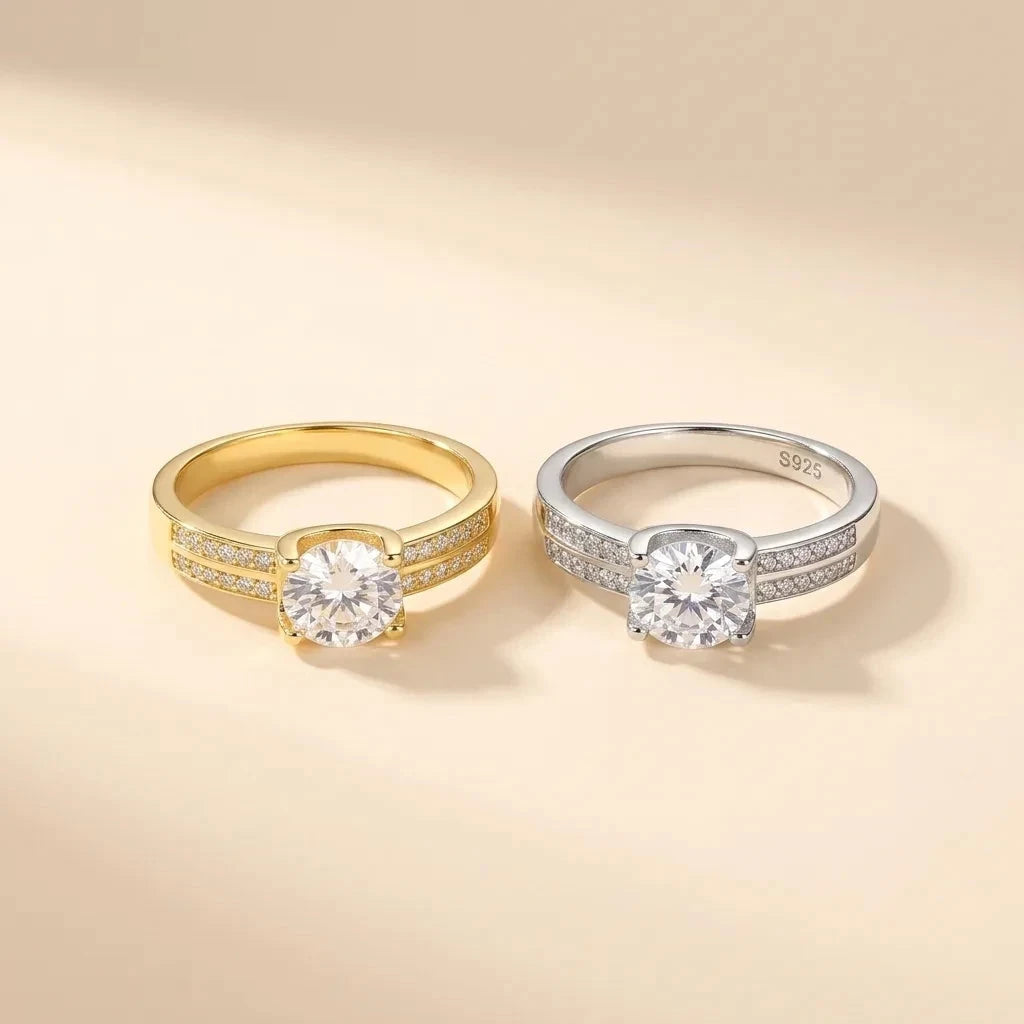 Peg Head round-cut solitaire ring with pavé double-row band, in gold and silver finishes, S925 sterling silver by Maadin Artistry