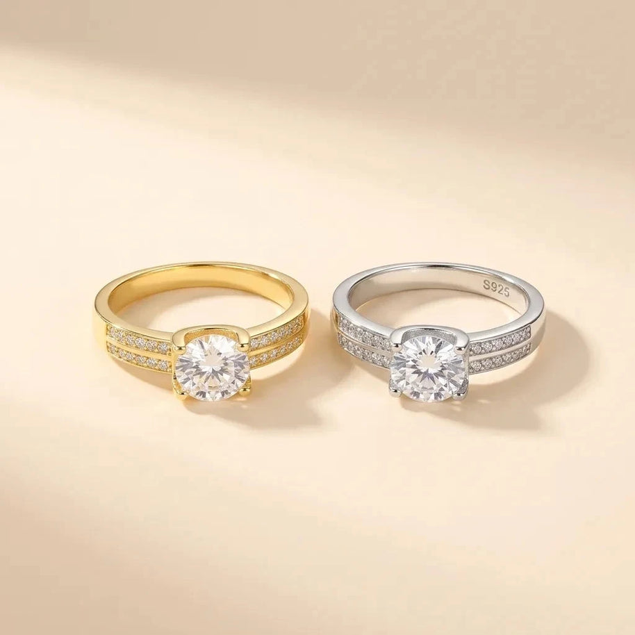 Peg Head round-cut solitaire ring with pavé double-row band, in gold and silver finishes, S925 sterling silver by Maadin Artistry