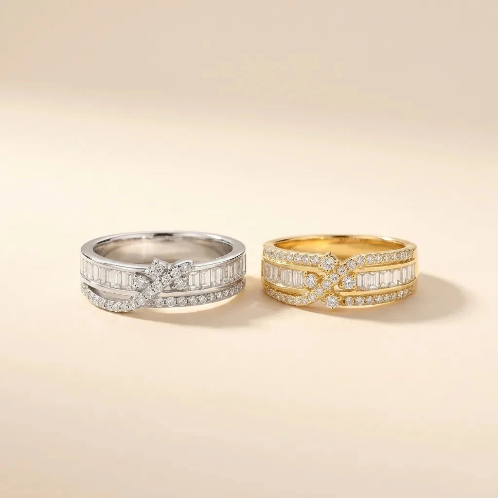 Ribbon Band pair of silver and gold knot-motif pavé band rings, S925 sterling silver by Maadin Artistry