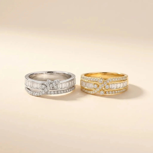 Ribbon Band pair of silver and gold knot-motif pavé band rings, S925 sterling silver by Maadin Artistry