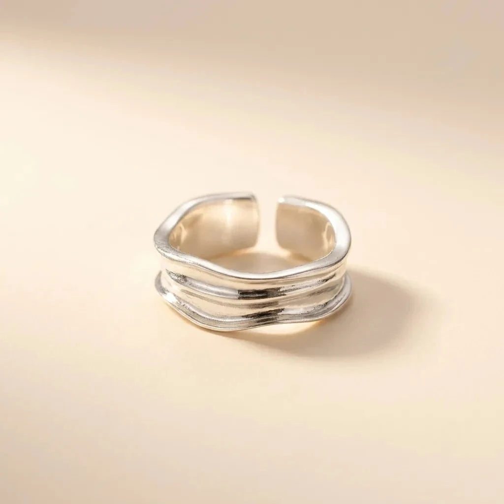 Ridges rippled organic-texture wide open S925 sterling silver band ring by Maadin Artistry