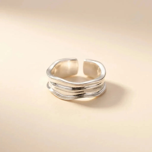 Ridges rippled organic-texture wide open S925 sterling silver band ring by Maadin Artistry