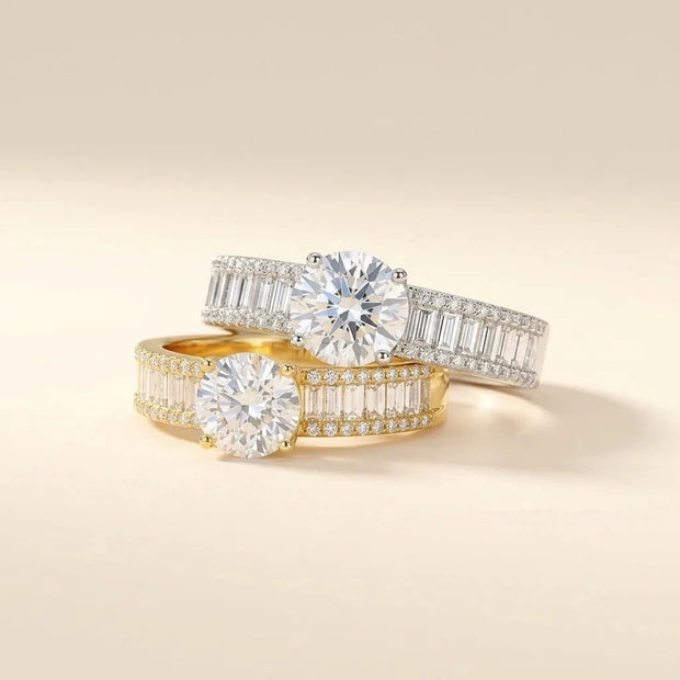 Slay stacked gold and silver baguette and round-stone rings in S925 sterling silver by Maadin Artistry