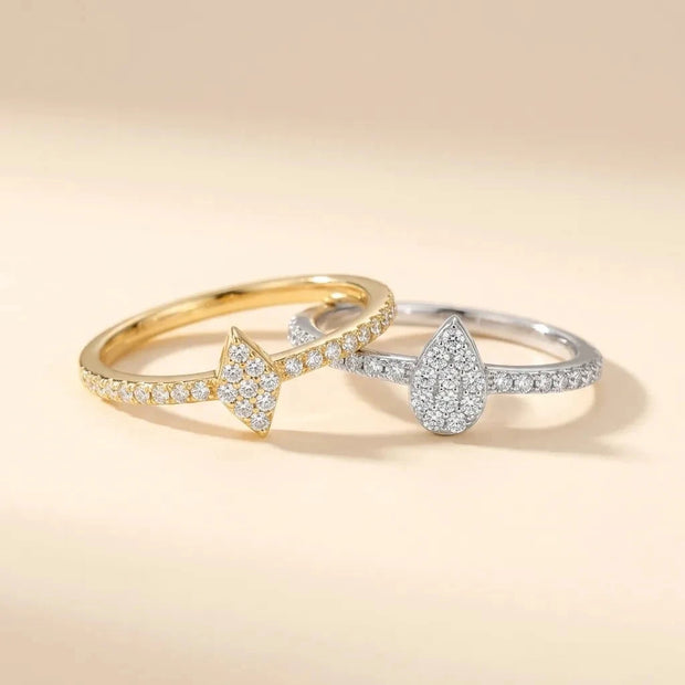 Sparkletts pair of gold and silver pavé rings with bow and teardrop motifs, S925 sterling silver by Maadin Artistry