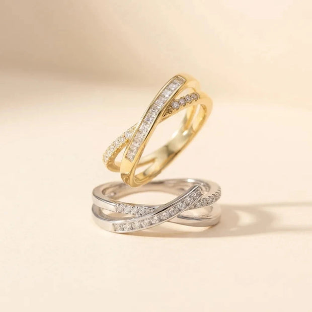 Thin Ribbon crossover stackable pavé band rings in gold and silver, S925 sterling silver by Maadin Artistry