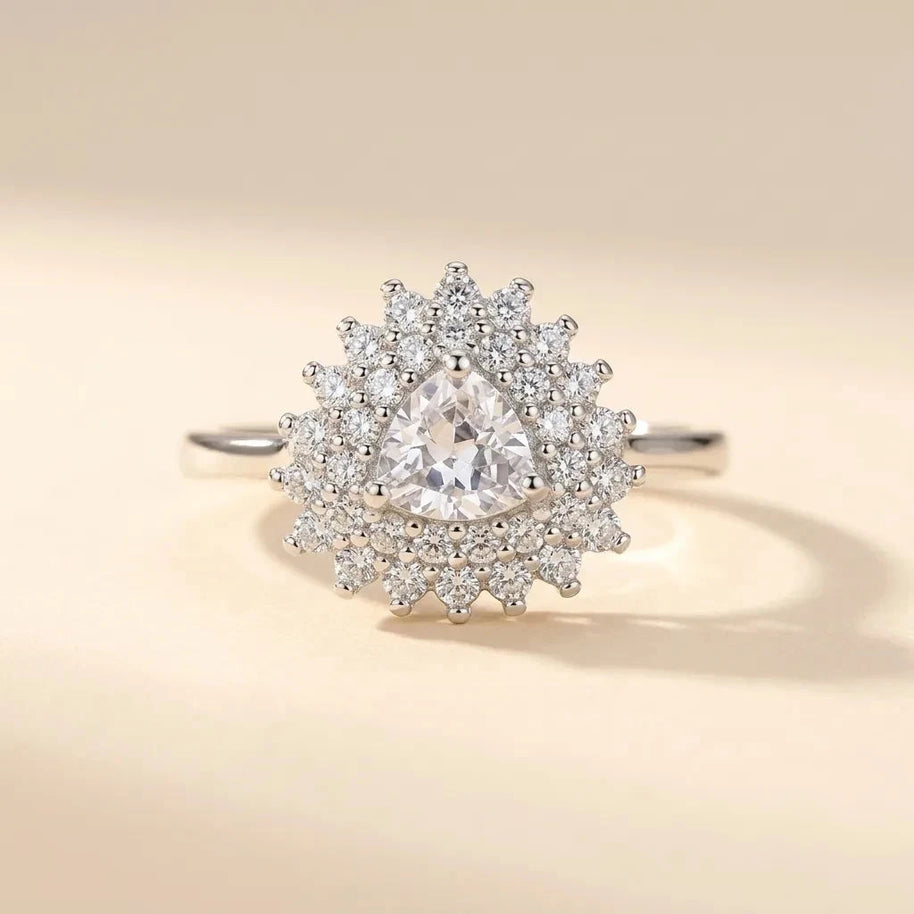 Trillion Cut ring with a clear trillion-cut stone in a double sunburst halo, S925 sterling silver by Maadin Artistry