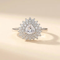 Trillion Cut ring with a clear trillion-cut stone in a double sunburst halo, S925 sterling silver by Maadin Artistry
